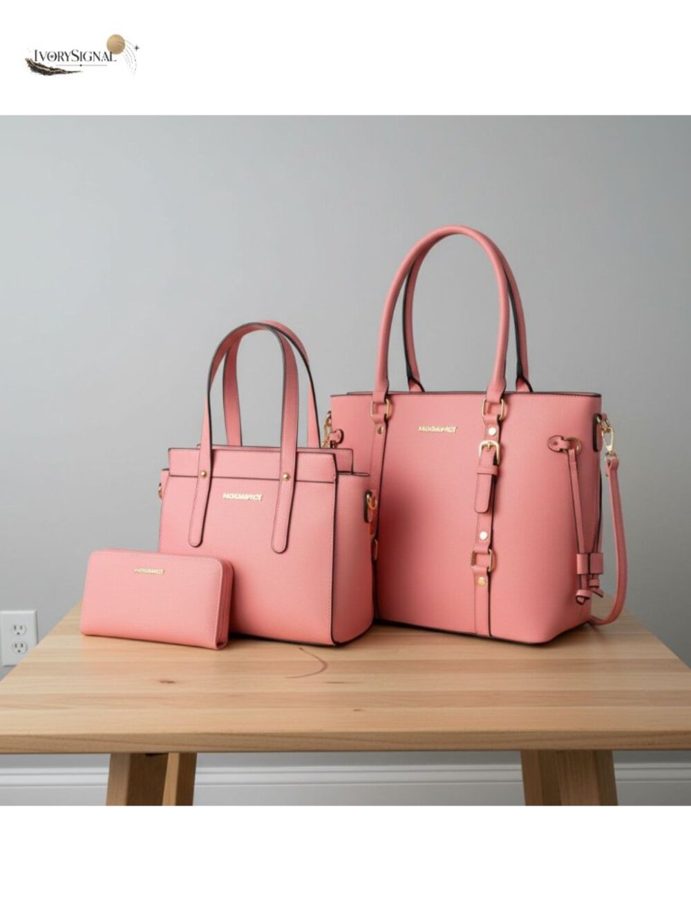 PU Leather 3-Piece Tote Bag Set with Wallet (No Color)
